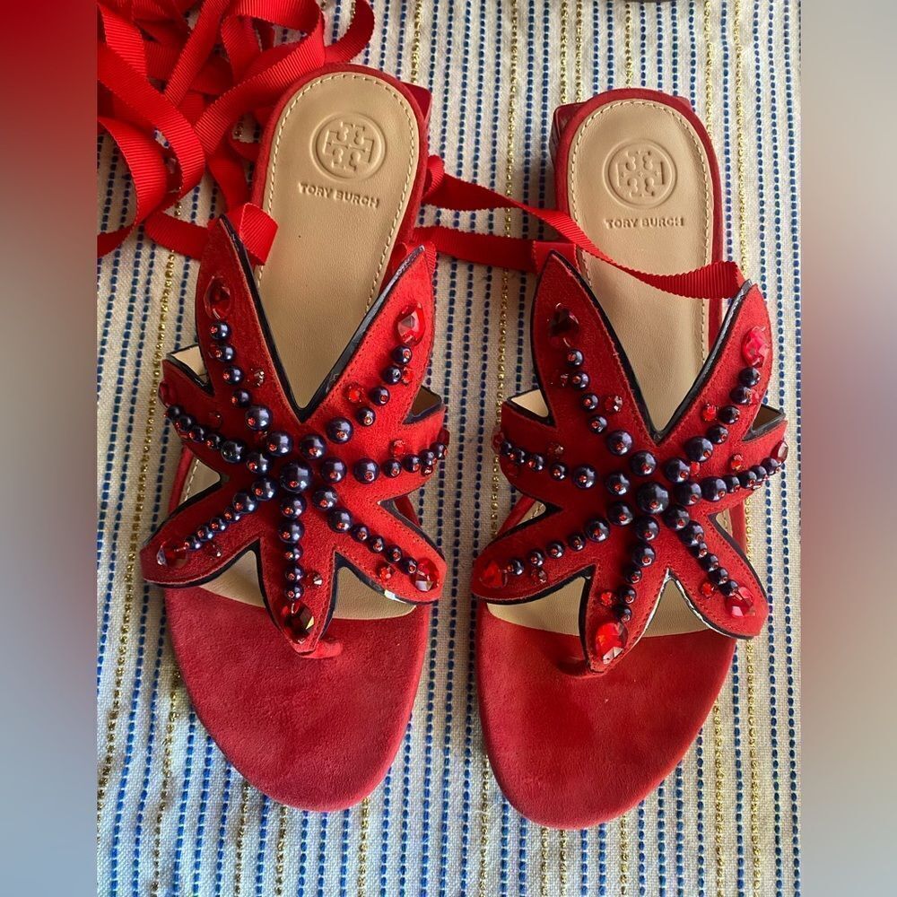 Tory Burch Suede Red Beaded Women's Sandals Sz 9